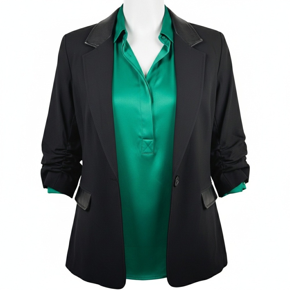 Karen Kane Women Black Blazer Jacket Medium Lamb Leather Trim‎ Ruched 3/4 Sleeve